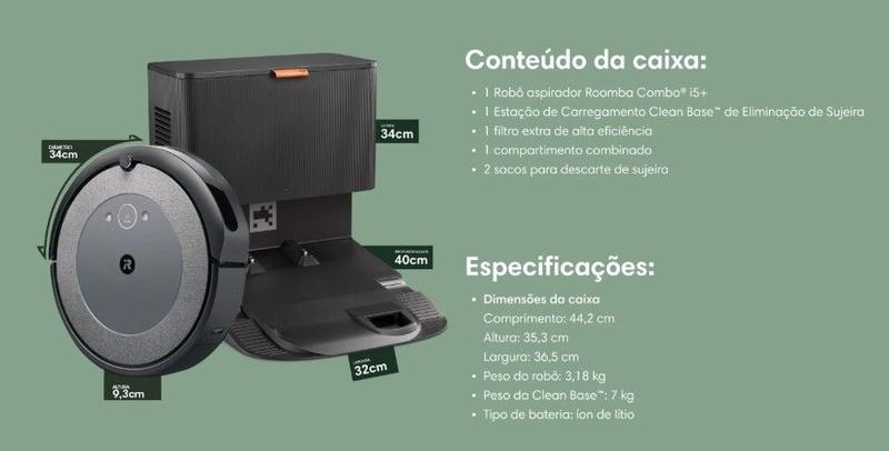 Robô Roomba i5 Plus Combo Aspirador e Passa Pano da iRobot - Robô